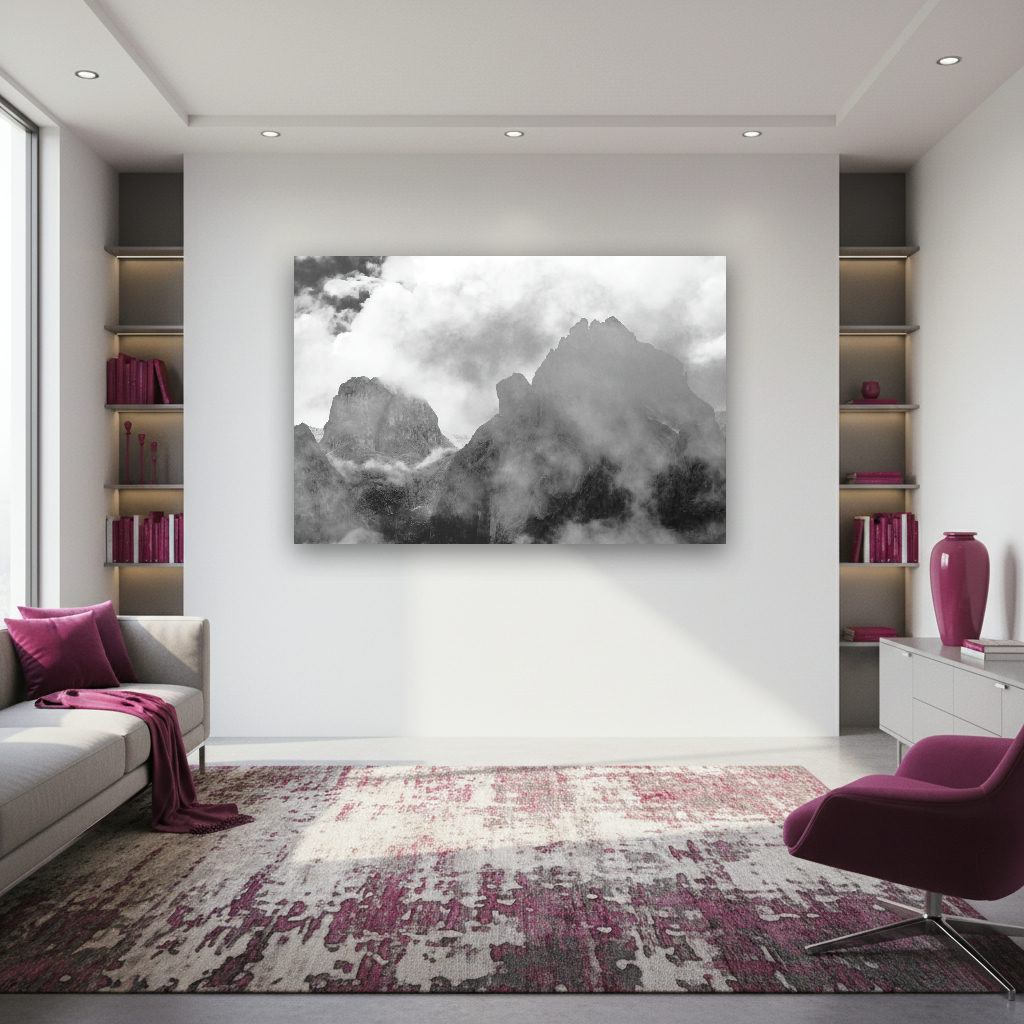 Sanfte Nebelschwaden umhüllen steile Dolomiten-Gipfel in monochromem, minimalistischem Stil. Mystische Berglandschaft mit ruhiger Ausstrahlung.