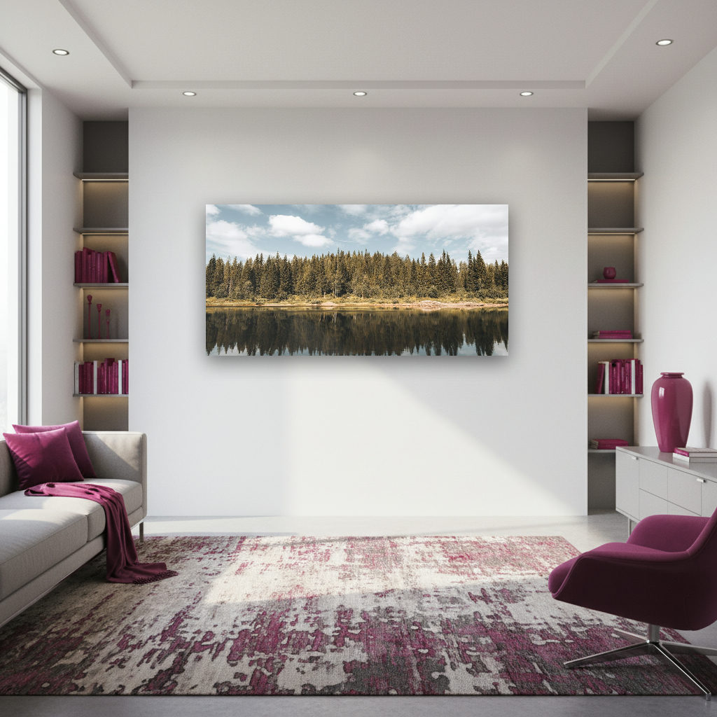 Minimalistisches Fotokunst-Wandbild mit ruhigem skandinavischem Waldsee, umgeben von vielfältigen Bäumen und spiegelglattem Wasser.