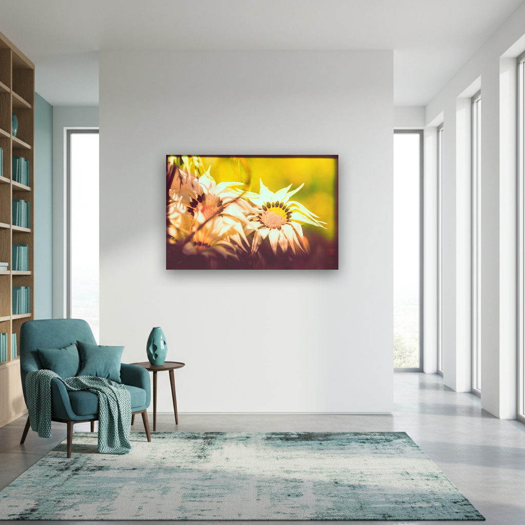 Makrofotografie von mehreren leuchtenden Gazanienblüten, die im warmen Sonnenlicht in intensiven Farben erstrahlen