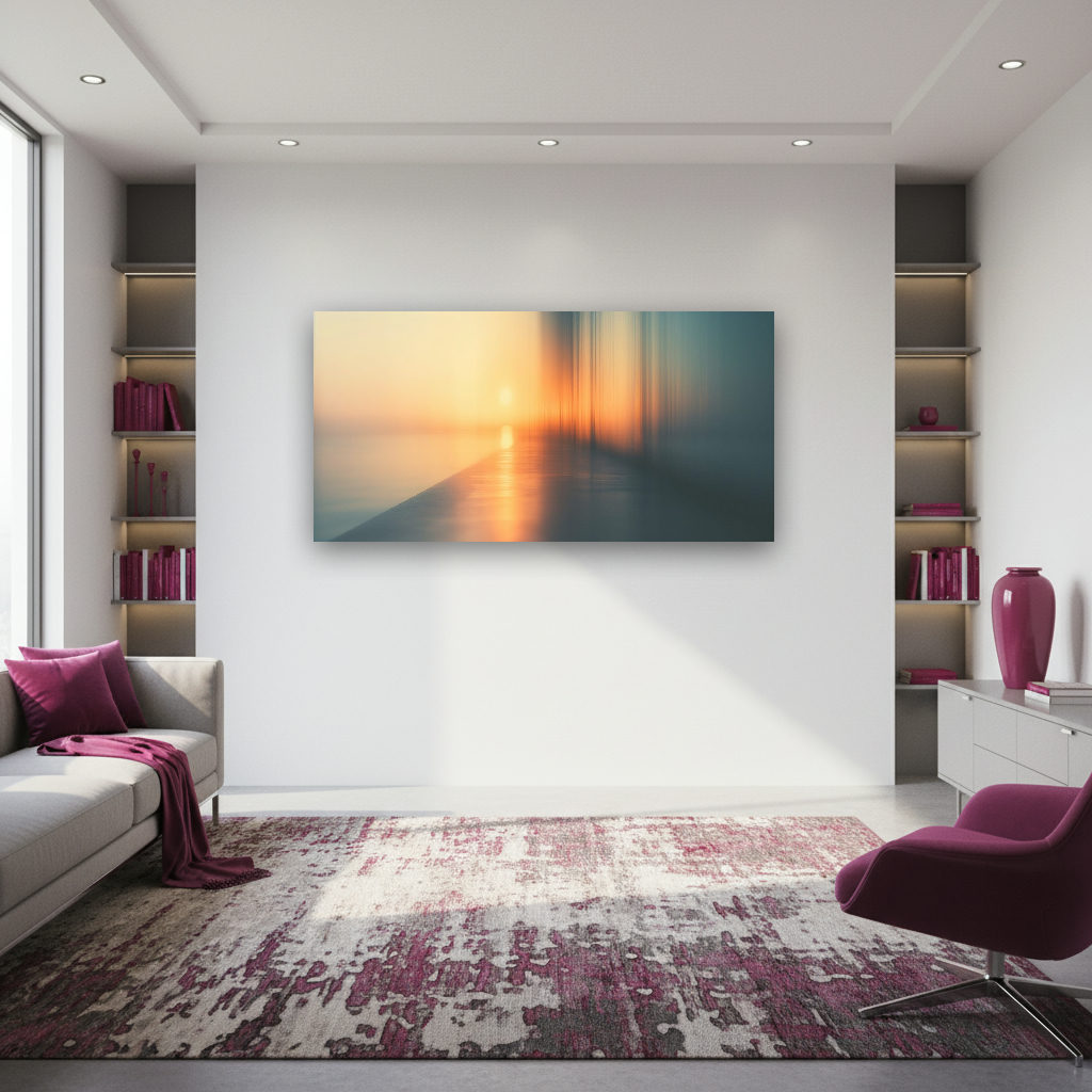 Abstraktes Sonnenuntergangsbild am Wasser – Moderne Fotokunst als Wandbild für Ihr Wohnzimmer