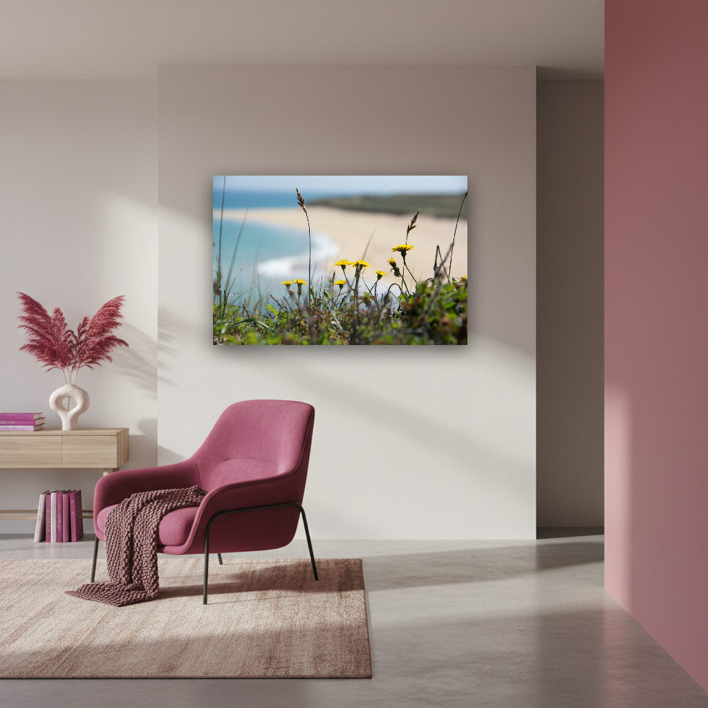 Leuchtend gelbe Küstenblumen wachsen auf sandigen Klippen mit Blick auf das blaue Meer unter Sommerhimmel in der Bretagne.