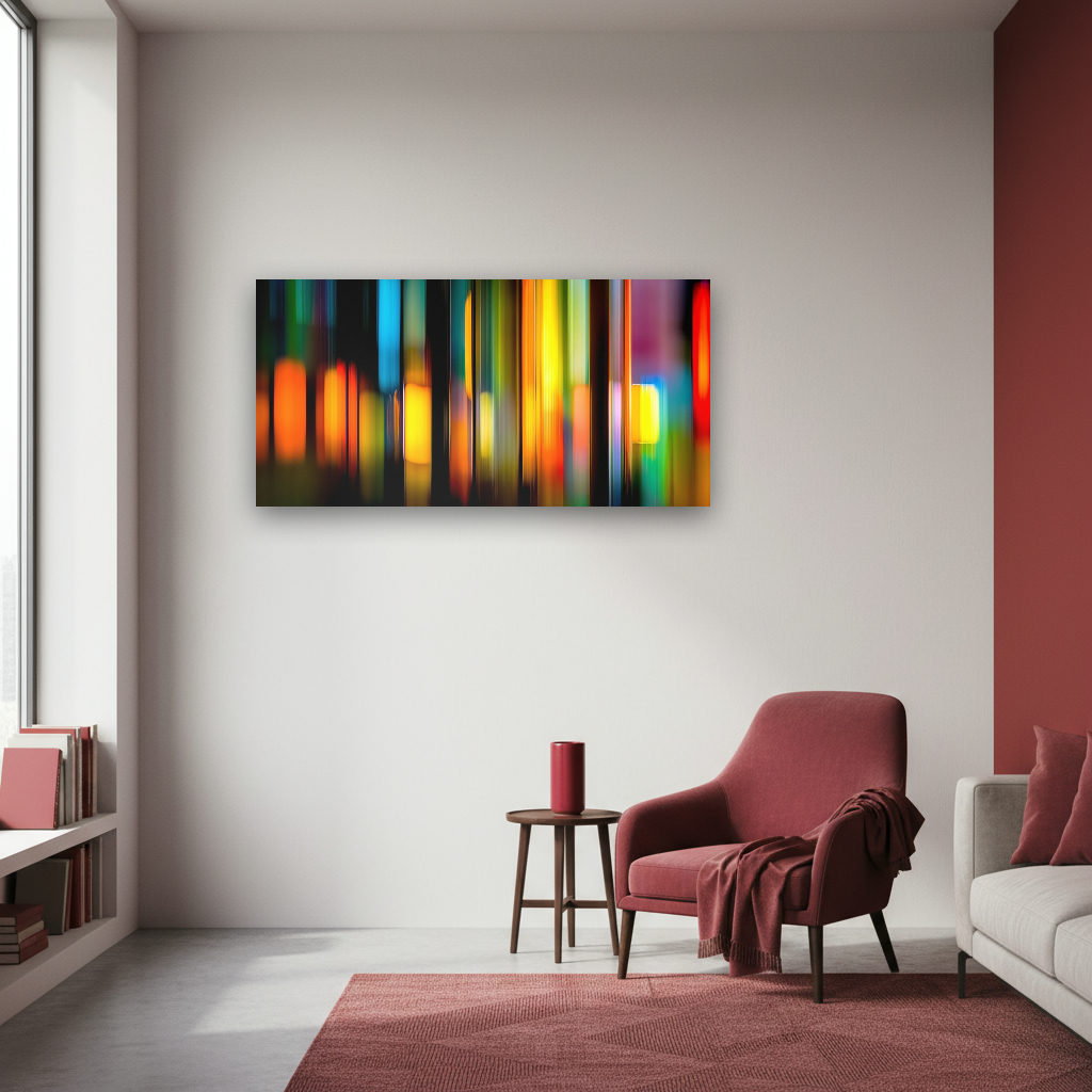 Abstraktes Panorama mit dynamischen, bunten Lichtstreifen und sanften Farbverläufen auf modernem Wandbild