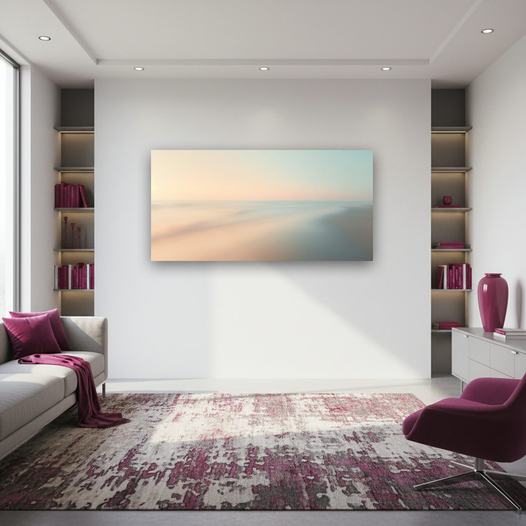 Panoramaaufnahme eines ruhigen Morgens am Meer mit sanftem Licht, zarten Wellen und einem ruhigen Horizont in vielfältigen Farben.