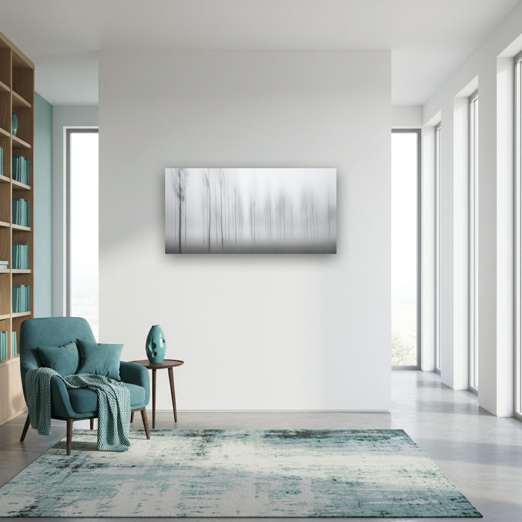 Panorama eines nebelverhangenen Waldes mit feinen Baumstrukturen, zarten Silhouetten und minimalistischer, ruhiger Atmosphäre.