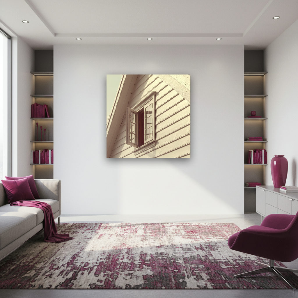 Offenes weißes Sprossenfenster in schlichter Holzfassade mit Giebeldach, skandinavisch, minimalistisch und hell