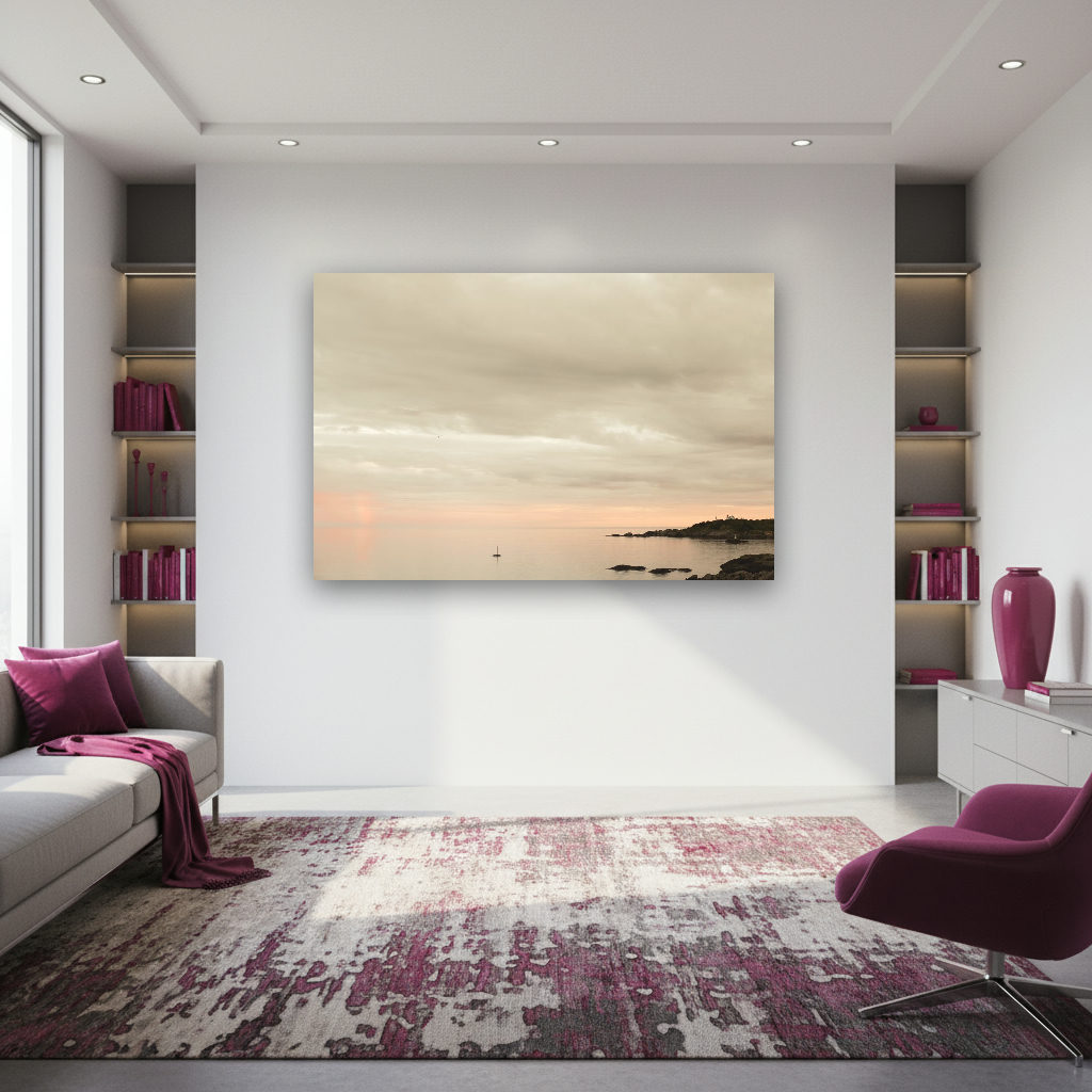 Felsige Küstenlinie bei Sørvågen unter sanft bewölktem Abendhimmel, ruhiges Meer im Vordergrund, minimalistische Atmosphäre