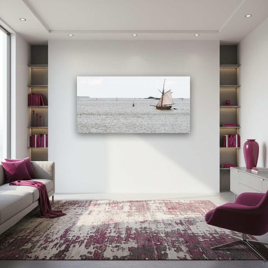 Historisches Segelschiff mit vollen Segeln fährt ruhig vor der felsigen Küste der Bretagne auf dem Meer, maritimes Motiv bei vielfältigem Licht.