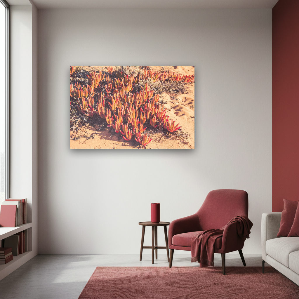 Mehrere Sukkulenten in verschiedenen Grüntönen, kunstvoll im hellen Sand arrangiert, minimalistisch und ruhig fotografiert