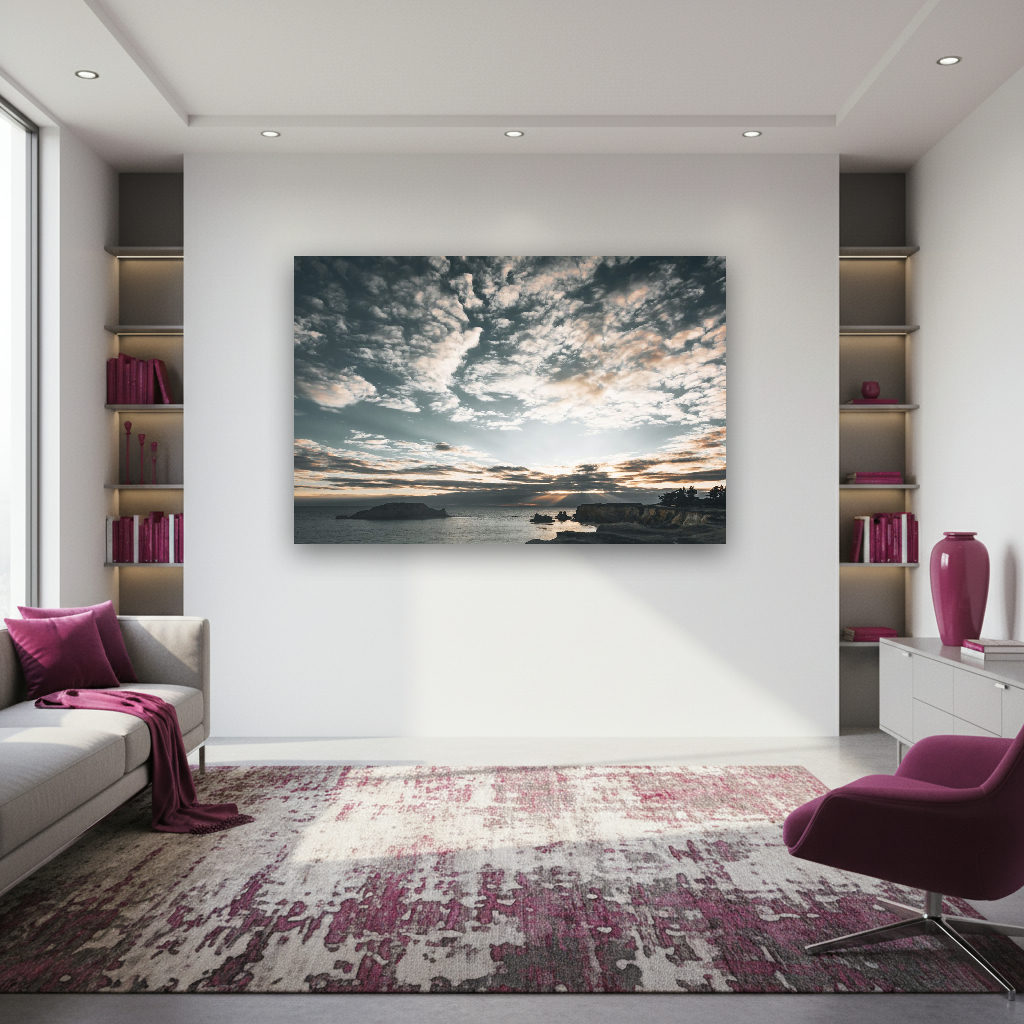 Dramatische Küstenlandschaft mit Sonnenuntergang, vielfältige Farben, ruhige See, Felsen und sanft beleuchteter Himmel.