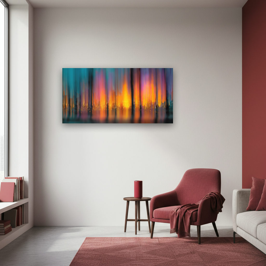 Abstraktes Panorama eines Waldes im Sonnenuntergang, schlanke Baumstämme und sanfte Sonnenstrahlen in vielfältigen Farben.
