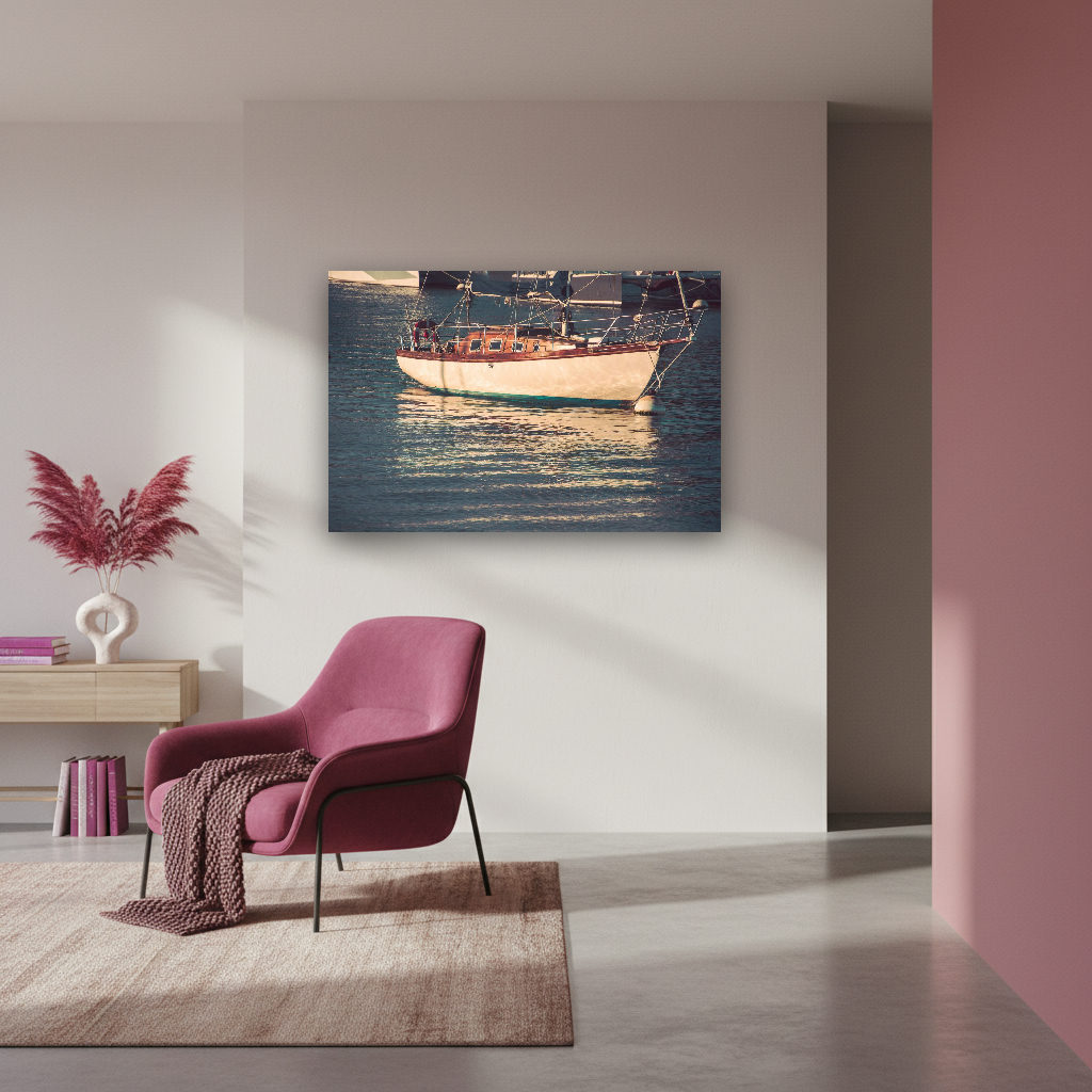 Ein Segelboot gleitet bei warmem Abendlicht ruhig über stilles Wasser, umgeben von sanften Farben und maritimer Atmosphäre.