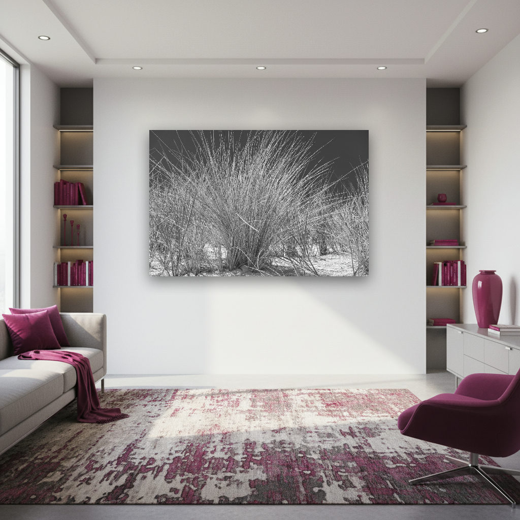 Feines Dünengras im Wind, minimalistisch in Schwarzweißfotografie festgehalten, mit klaren Linien und ruhiger Naturstimmung, aufgenommen in Prora.