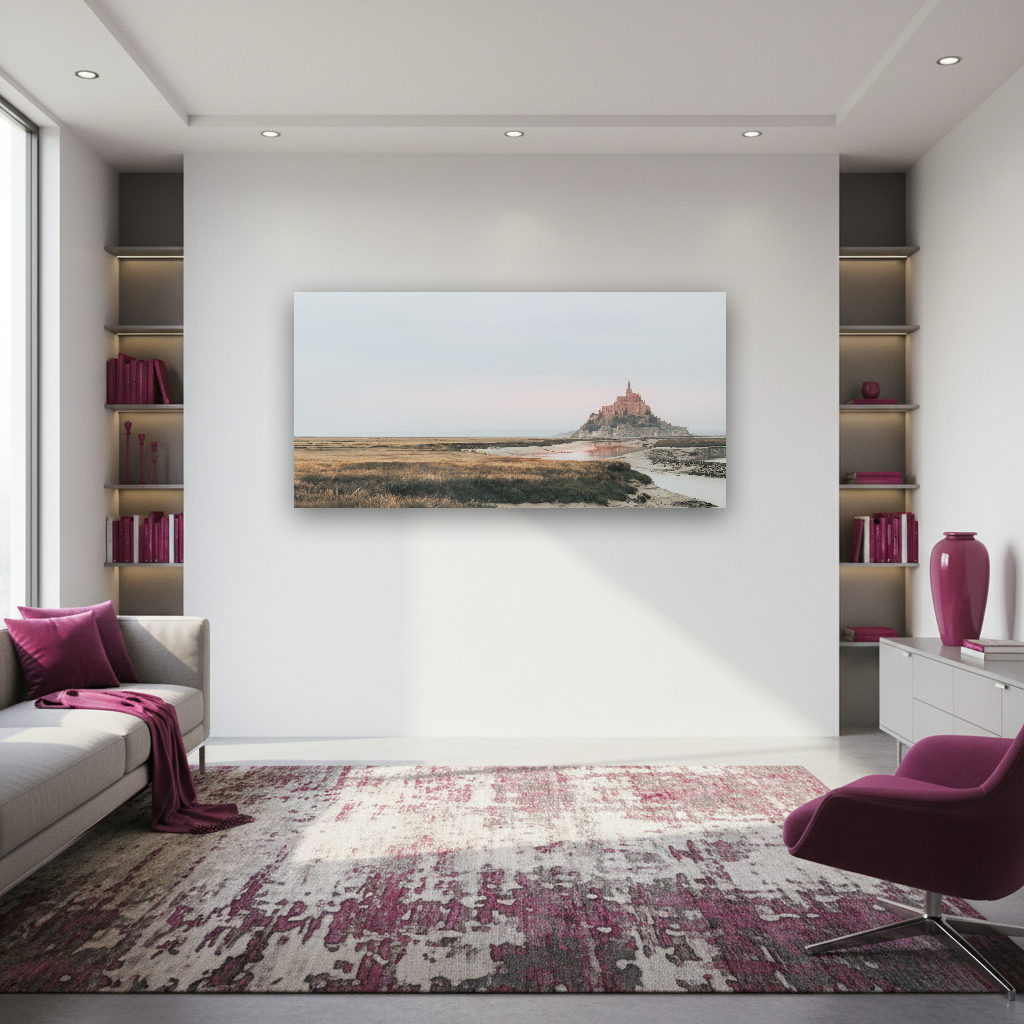 Das Panorama zeigt Mont-Saint-Michel im sanften, goldenen Licht, das Kloster erhebt sich ruhig über dem Watt, umgeben von vielfältigen Farben.