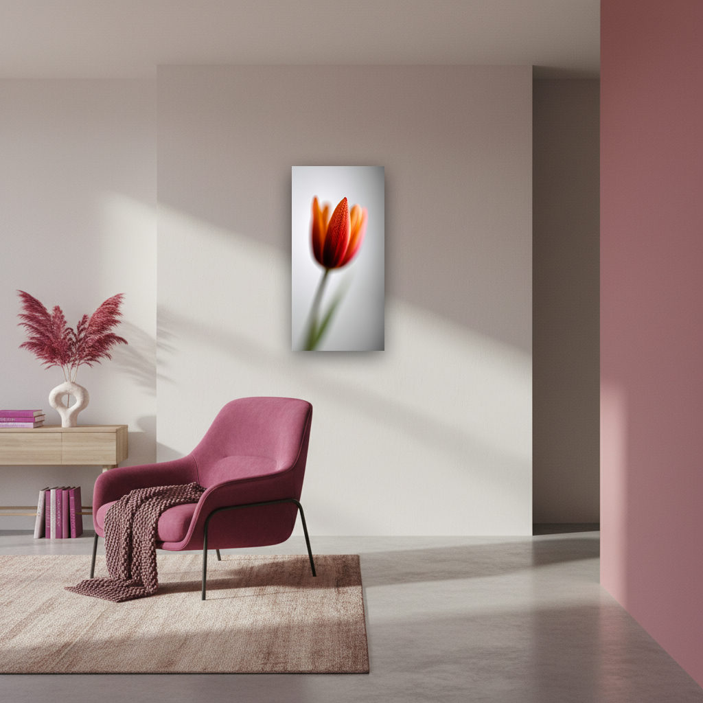 Makrofotografie einer zarten Tulpe mit feinem Blütenblatt im Fokus, minimalistisch und elegant in vielfältigen Farben