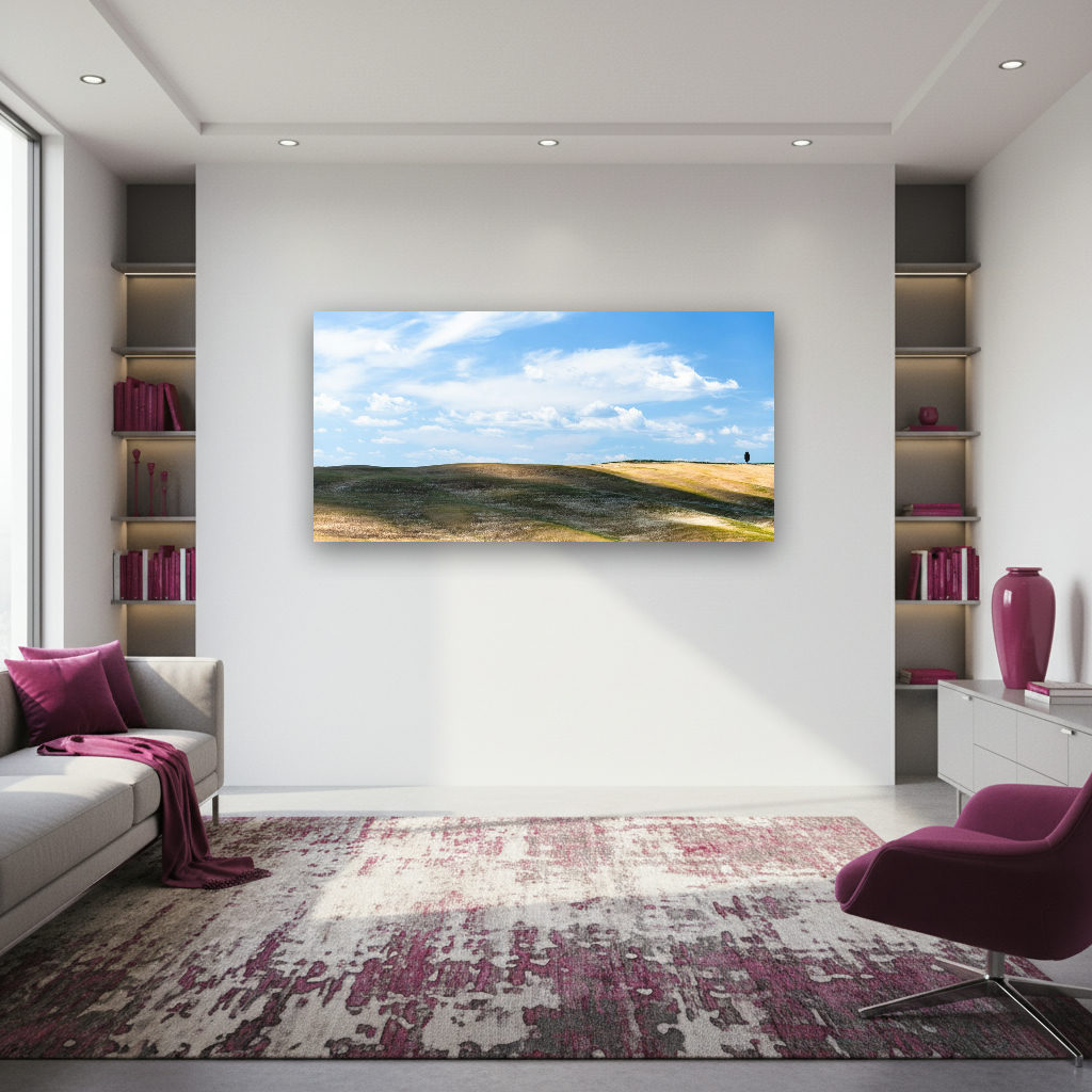 Sanfte, grüne Hügel der Toskana unter weichem Licht, minimalistische Landschaft mit weitem Horizont und vielfältigen Farben.