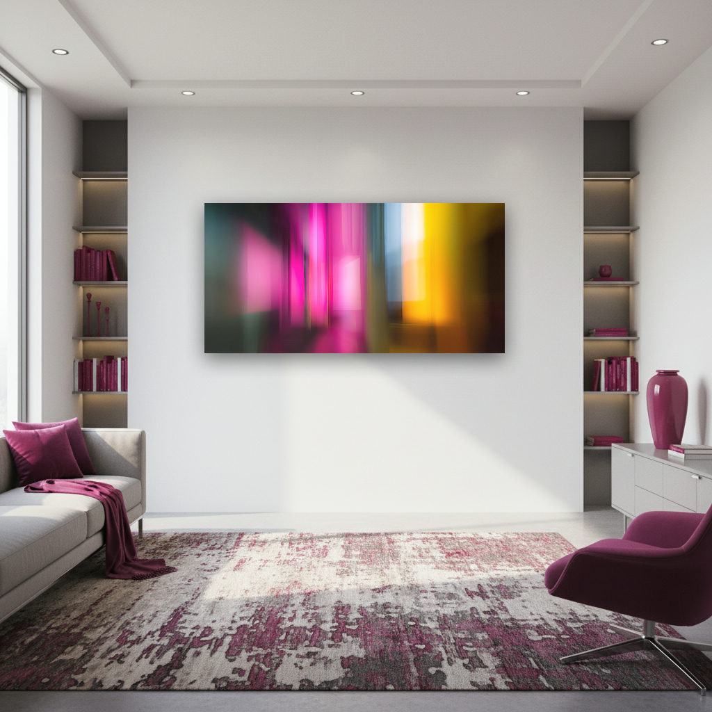 Abstraktes Panorama mit kunstvoll arrangierten, bunten Lichtstreifen, die dynamisch und farbenfroh die Bildfläche durchziehen.