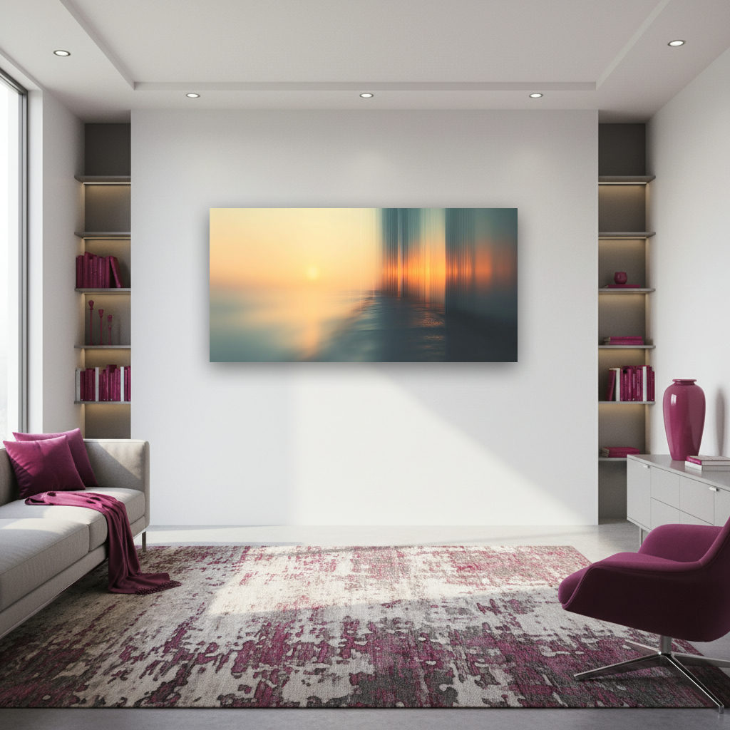 Abstraktes Panorama mit weichen Farben, sanfter Horizontlinie und beruhigender Küstenlandschaft im Sonnenuntergang