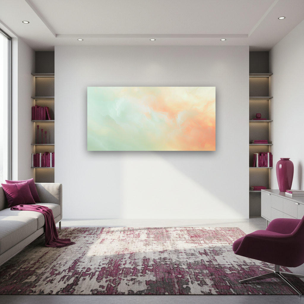 Abstraktes Wandbild mit sanften Pastellfarben, fließenden Farbflächen in Rosé, Flieder und weiteren Tönen, modern und minimalistisch gestaltet.