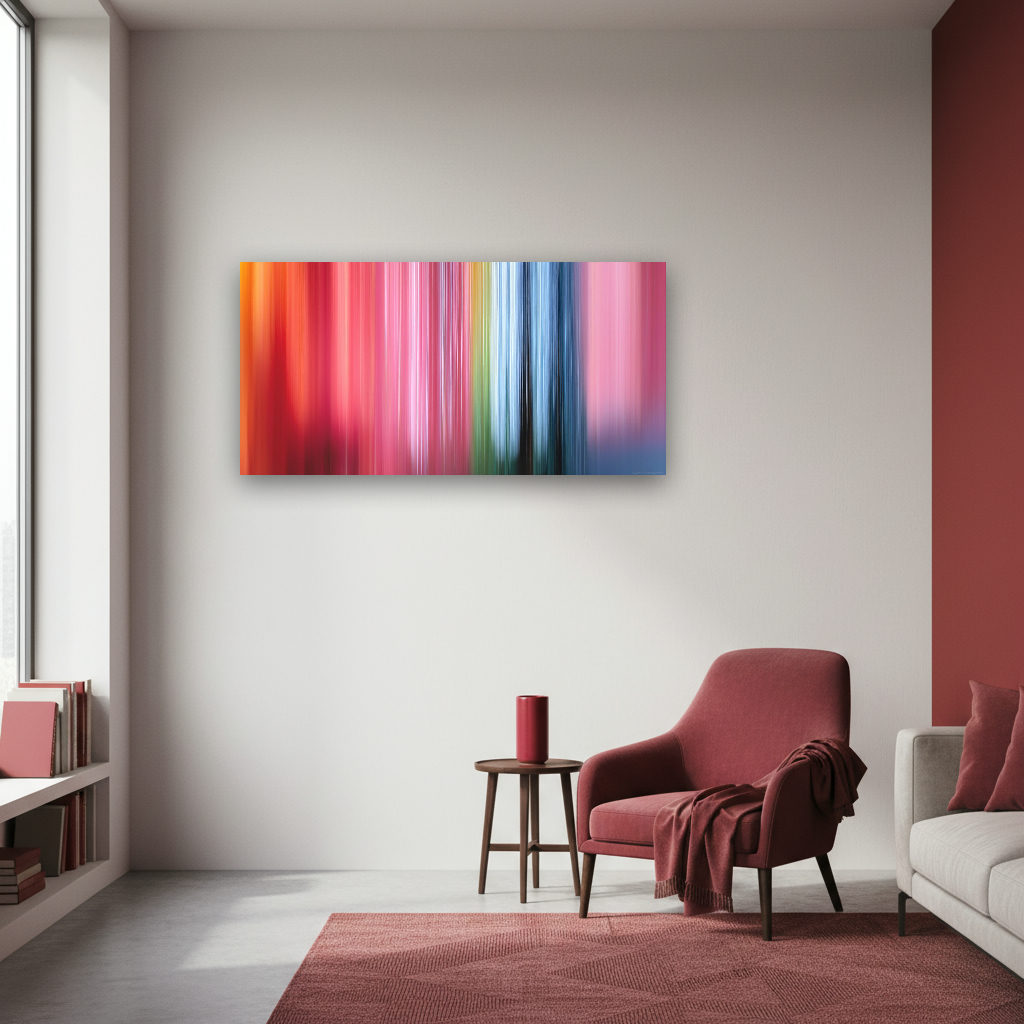Abstrakte, bunte Linien in leuchtenden Farben verlaufen dynamisch und kunstvoll arrangiert über das Panoramaformat dieses Wandbilds.