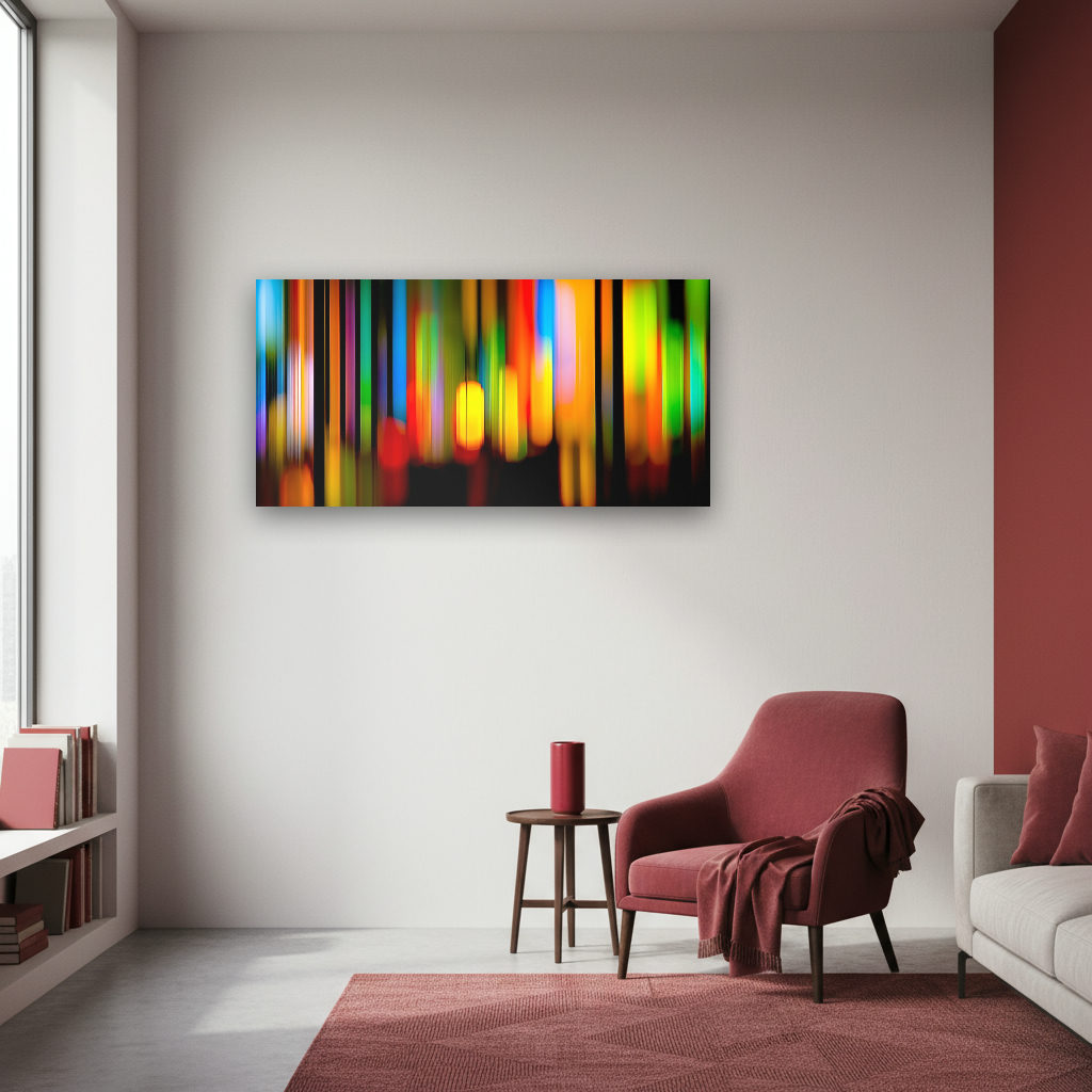 Abstraktes Panorama Wandbild mit leuchtenden, bunten Lichtern und dynamischen, farbigen Formen auf dunklem Hintergrund.