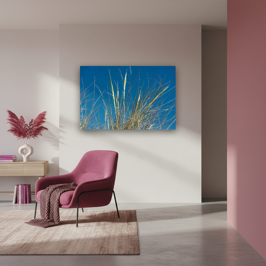 Feiner Strandhafer wiegt sich im sanften Nordseewind, minimalistisches Fotokunst-Motiv mit vielfältigen Naturfarben, aufgenommen von Kurt Weigel.