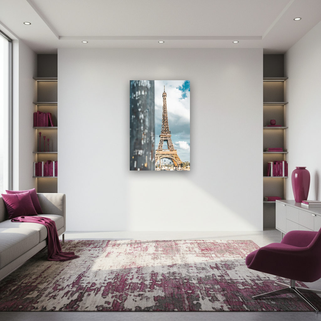 Detailaufnahme der stählernen Eiffelturmstruktur vor dynamischem Wolkenhimmel in Paris, urban und modern inszeniert
