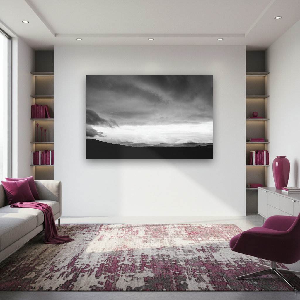 Schwarzweiß-Landschaft der Isle of Skye mit dunklen Wolken über nebligen Bergen und einer Silhouette.