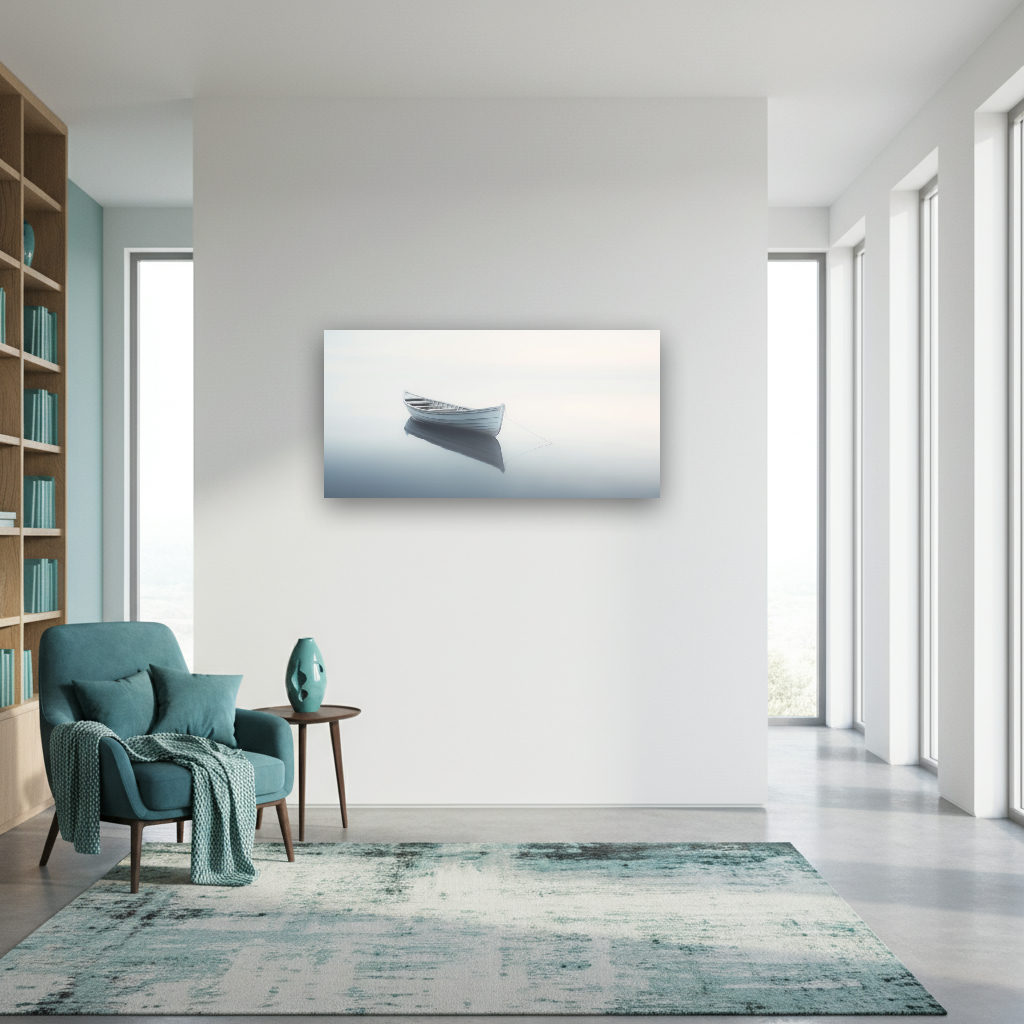 Ein einzelnes Ruderboot liegt still auf einem ruhigen, spiegelglatten See. Die Wasseroberfläche reflektiert das Boot und den Himmel. Minimalistische, realistische Darstellung.